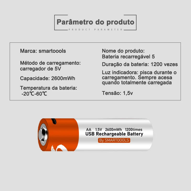 Bateria AA Recarregável 1.5V 2600mAh